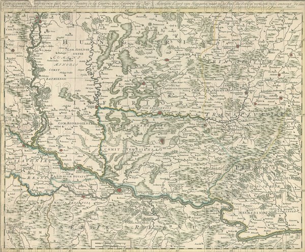 Map, Carte accurate d'Hongrie, ou se fait voir le theatre de la guerre, aux environs les pays de Belgrade, Temisvar =, Johann Christoph Müller (1673-1721), Copperplate print