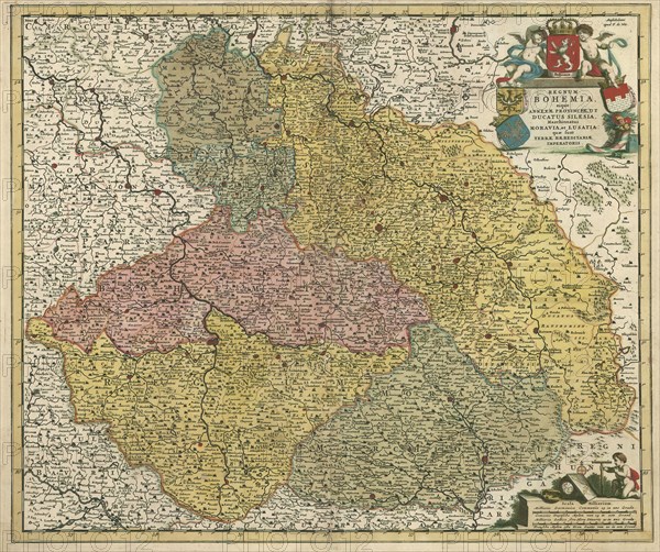 Map, Regnum Bohemia, eique annexae provinciae, ut Ducatus Silesia, Marchionatus Moravia, et Lusatia: quae sunt terrae haereditariae imperatoris, Frederick de Wit (1610-1698), Copperplate print