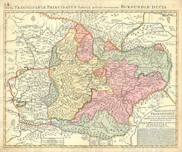 Map, Principauté de Transilvanie divisée en cinqu nations subdivisée en quartiers et comtez =, Hubert Jaillot (1632-1712), Copperplate print
