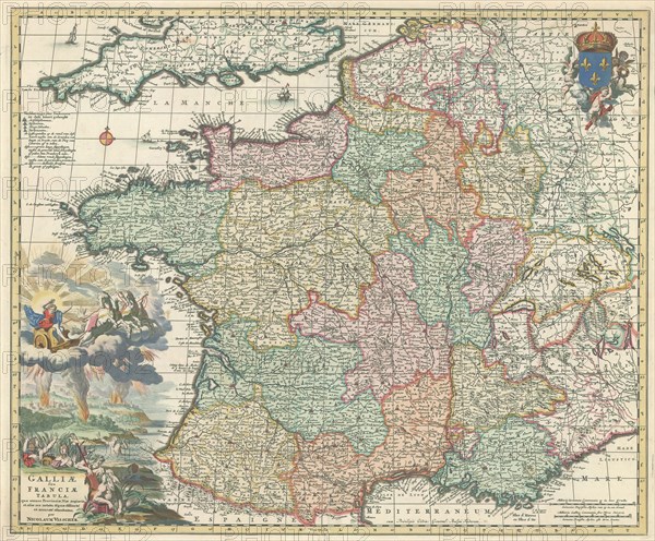 Map, Galliae seu Franciae tabula, qua omnes provinciae, viae angiariae, et aliae res notatu dignae distincté et accuraté ostenduntur, Nicolaes Jansz. Visscher (1618-1679), Copperplate print