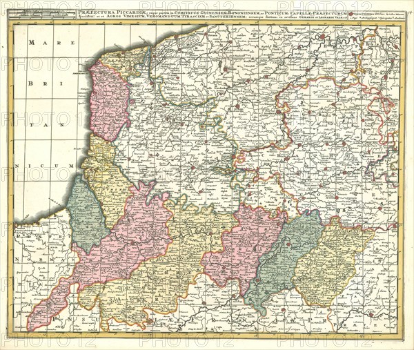 Map, Praefectura Piccardiae; eaque partita in comitatus Guinensem, Bononiensem, ac Ponticum, Capellae praefecturum specialem: ut et Agros Vimesium, Veromanduum, Tirasciam et Sancteriensem; eorumque finitima, Gerhard Valk (-1726), Copperplate print