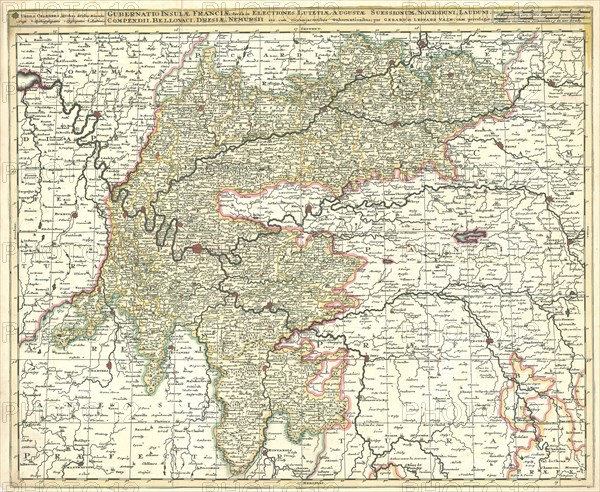 Map, Gubernatio insulae Franciae, divisa in electiones Lutetiae, Augustae Suessionum, Novioduni, Lauduni, Compendii, Bellovaci, Dresiae, Nemursii etc. cum circumjacentibus gubernationibus, Gerhard Valk (-1726), Copperplate print