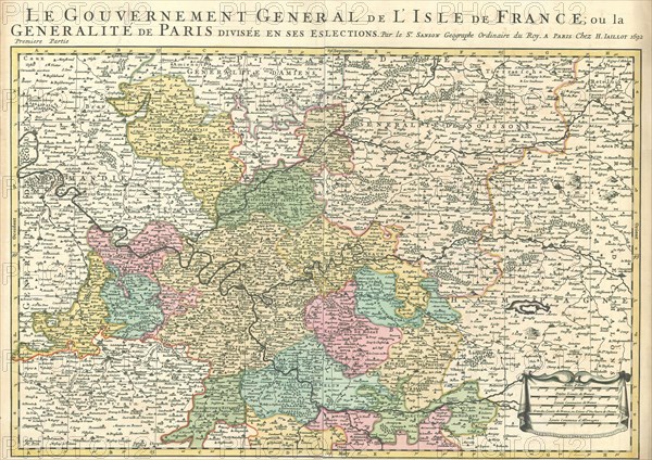 Map, Gouvernement et Generalité de Paris, Guillaume Sanson (-1703), Copperplate print