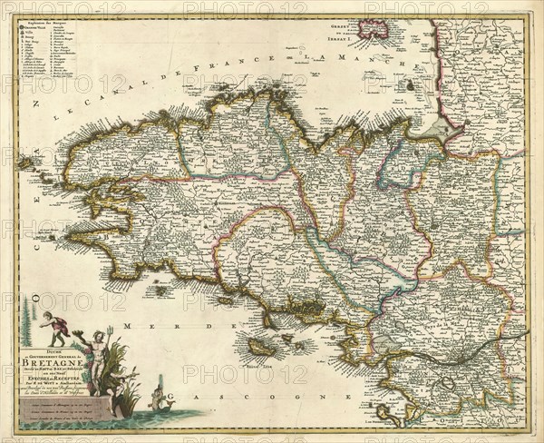 Map, Duché et gouvernement general de Bretagne divisé en haut et bas, et subdivisé en ses neuf eveches ou receptes, Frederick de Wit (1610-1698), Copperplate print