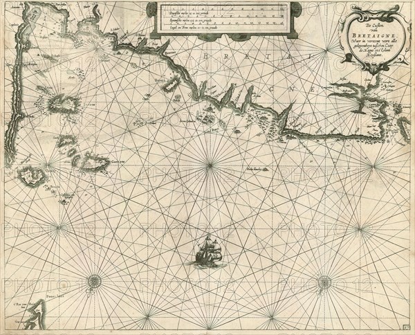 Map, De custen van Bretaigne, waer in vertoont wort alle gelegentheyt tusschen Caap de Hague en t'Eylant Heyssant, Copperplate print