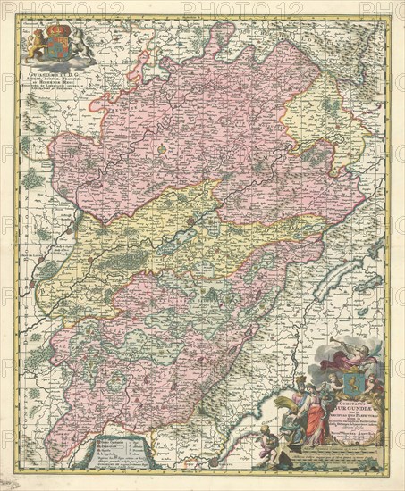 Map, Comitatus Burgundiae tam in praecipuas ejus praefecturas quam in minores earundem balliviatus aliasque ditiones subjacentes et insertas distincte divisus, Nicolaes Jansz. Visscher (1618-1679), Copperplate print