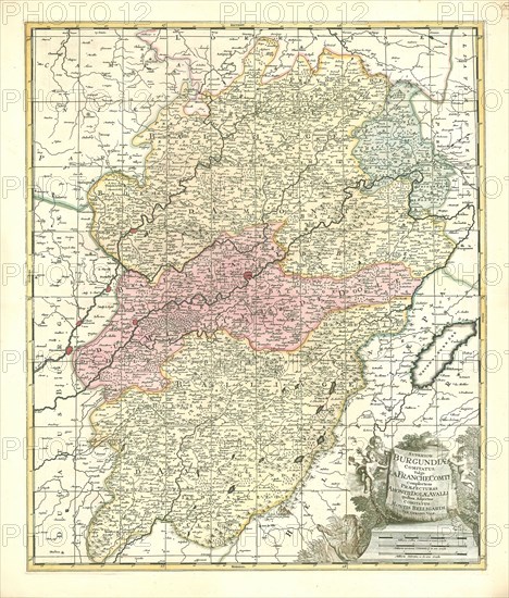 Map, Superior Burgundiae comitatus; vulgo la Franche Comté complectens praefecturas Amontii, Dolae, Avalli quibus adjectus comitatus Montis Belligardi, Gerhard Valk (-1726), Copperplate print