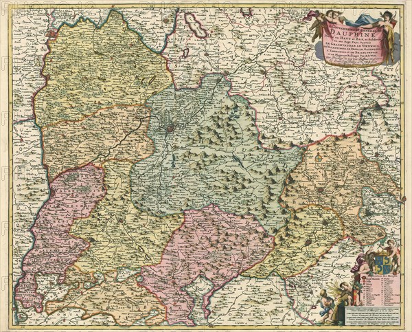 Map, Le gouvernement general du Dauphiné divisé en Haut et Bas, et subdivisé en ses sept pays, sçavoir le Graisivaudan, le Viennois, le Valentinois, le Diois, le Gapençois, l'Embrunois et le Briançonnois, et en plusieurs balliages, Frederick de Wit (1610-1698), Copperplate print