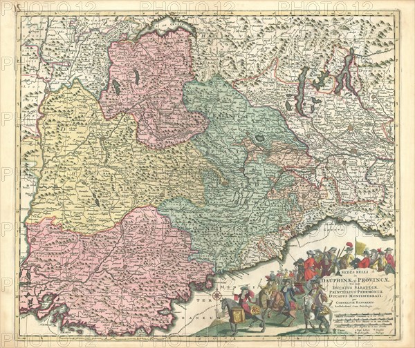 Map, Sedes belli in Dauphinæ et Provinciæ. nec non ducatus Sabaudiæ. principatus Pedemontii. ducatus Montisferrati, Cornelis Danckerts II (1664-1717), Copperplate print