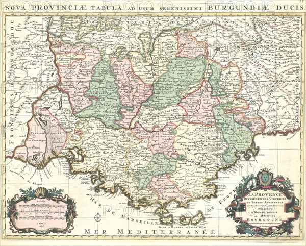 Map, La Provence, diviseé en ses vigueries et terres adjacentes, Hubert Jaillot (1632-1712), Copperplate print