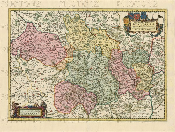 Map, Gouvernement general du Lyonnois, ou sont le Lyonnois, Auvergne, Bourbonnois, Beauiolois, Forez, et la Marche, Frederick de Wit (1610-1698), Copperplate print