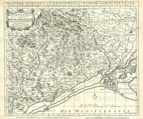 Map, Les Bas Sevennes, dans le Languedoc ou Le diocese de Montpellier, Abraham Allard (c.1675-c.1730), Copperplate print