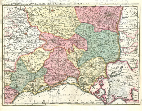 Map, 2 partie des Sevennes et le Bas Vivarais, le diocese de Montpellier, et de Nismes, &c., Copperplate print