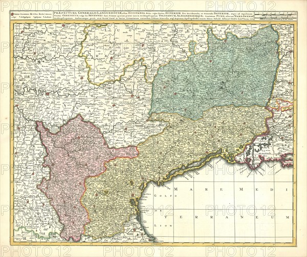 Map, Praefectura generalis Languedociae, olim Occitania dicta, Gerhard Valk (-1726), Copperplate print