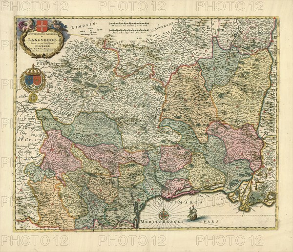 Map, Gouvernement general. de Langvedoc divise en ses vint deux diocesez, Frederick de Wit (1610-1698), Copperplate print