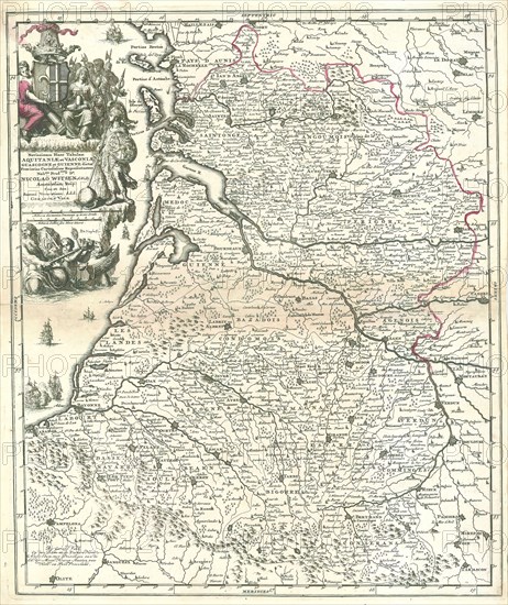 Map, Novissimam hanc tabulam Aquitaniae et Vasconiae, Guascogne et Guienne dictae provincias curiosissime representantem, Romeyn de Hooghe (1645-1708), Copperplate print