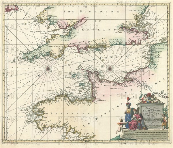 Map, Manica, Gallis La Manche, et Belgis Het Canaal, pars Oceani inter Angliam et Galliam, hujus Septentrionalem & illius Meridionalem Oram rigans, cum adjacentibus, Nicolaes Jansz. Visscher (1618-1679), Copperplate print