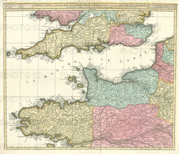 Map, Tabula nova complectens praefecturas Normanniae et Britanniae, una cum Angliae parte et Manica, Copperplate print
