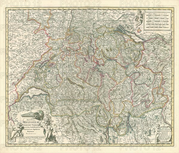 Map, Exactissima Helvetiae Rhaetiae, Valesiae caeterorumq. confoederatorum ut et finitimorum populorum regionum tabula, Nicolaes Jansz. Visscher (1618-1679), Copperplate print