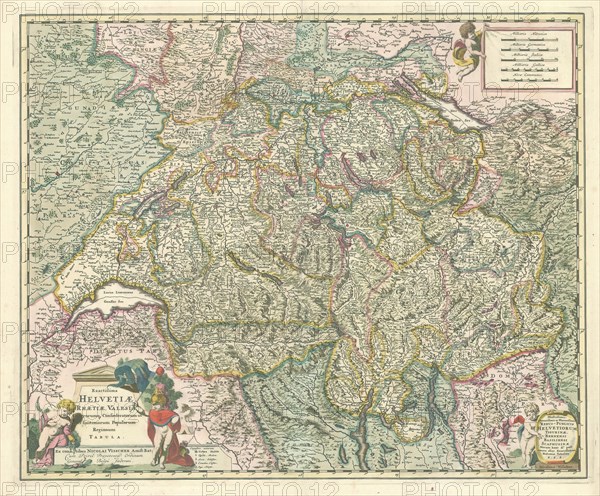 Map, Exactissima Helvetiae Rhaetiae, Valesiae caeterorumq. confoederatorum ut et finitimorum populorum regionum tabula, Nicolaes Jansz. Visscher (1618-1679), Copperplate print