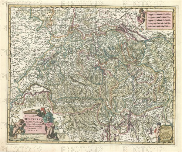 Map, Exactissima Helvetiae Rhaetiae, Valesiae caeterorumq. confoederatorum ut et finitimorum populorum regionum tabula, Nicolaes Jansz. Visscher (1618-1679), Copperplate print
