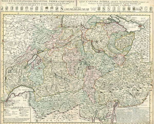 Map, Nova et accuratissima Helvetiae foederatarumque cum ea nec non subditarum regionum tabula =, Guillaume Delisle (1675-1726), Copperplate print