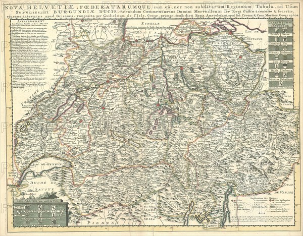 Map, Nova Helvetiae, foederatarumque cum eâ, nec non subditarum regionum tabula, ad usum serenissimi Burgundiae ducis, Guillaume Delisle (1675-1726), Copperplate print