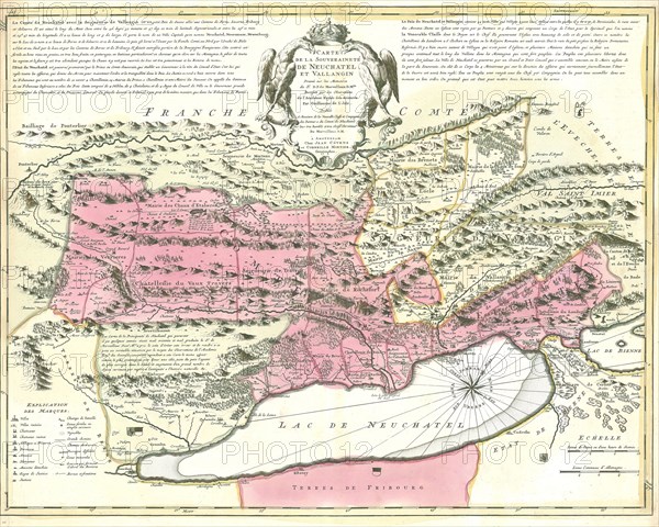 Map, Carte de la souveraineté de Neuchatel et Vallangin, David François de Merveilleux (1652-1712), Copperplate print