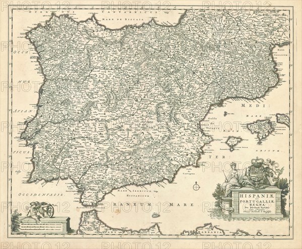 Map, Hispaniae et Portugalliae regna, Nicolaes Jansz. Visscher (1618-1679), Copperplate print
