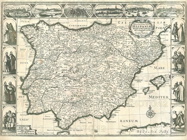 Map, Nova et accurata tabula Hispaniae praecipuis urbibus vestitu insignibus, et antiquitatibus exornata, Cornelis Danckerts II (1664-1717), Copperplate print