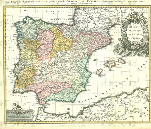 Map, Regnorum Hispaniae et Portugalliae tabula generalis, Johann Baptist Homann (1664-1724), Copperplate print