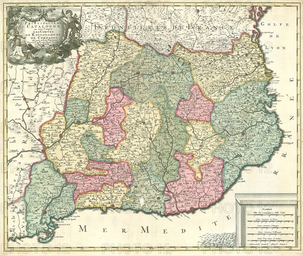 Map, Principauté de Catalogne ou sont compris les comtés de Roussillon et de Cerdagne diviseés en leurs vigueries, Gerhard Valk (-1726), Copperplate print
