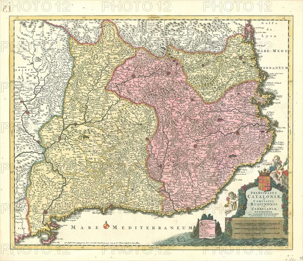 Map, Principatus Cataloniæ et comitatus Ruscinonis, et Cerretaniæ descriptio, Cornelis Danckerts II (1664-1717), Copperplate print