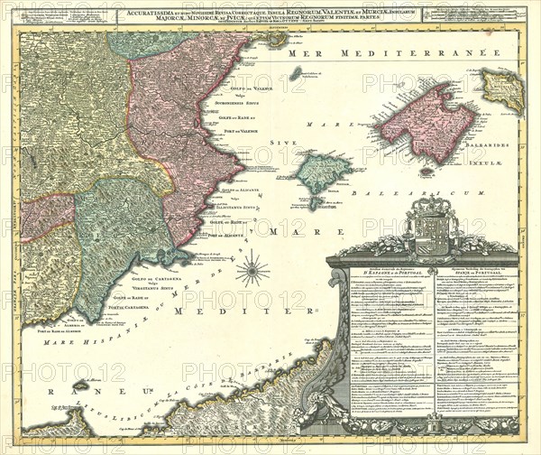 Map, Accuratissima et nunc novissimè revisa correctaque tabula Regnorum, Valentiae et Murciae, insularum Majorcae, Minorcae et Jvicae; quâ etiam vicinorum regnorum finitimae partes ostenduntur, Reinier Ottens (1698-1750), Copperplate print