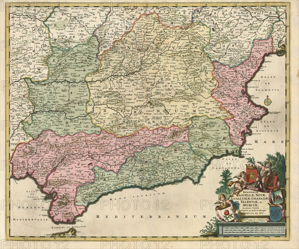 Map, Regnorum Castellæ novæ, Andalusiæ, Granadæ Valentiæ, et Murciæ accurata tabula, in episcopatus etc. divisa, Frederick de Wit (1610-1698), Copperplate print