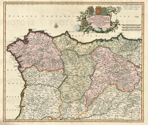Map, Regnorum Castellæ veteris, Legionis, et Gallaeciae principatuumqBiscaiae, et Asturiarum, Frederick de Wit (1610-1698), Copperplate print