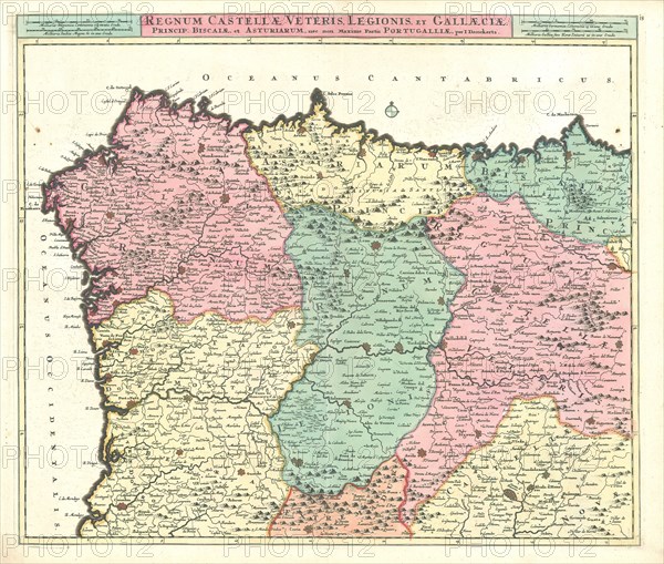Map, Regnum Castellae veteris, Legionis, et Gallaeciae, princip. Biscaiae, et Asturiarum, nec non Maxime partis Portugalliae, Justus Danckerts (1635-1701), Copperplate print