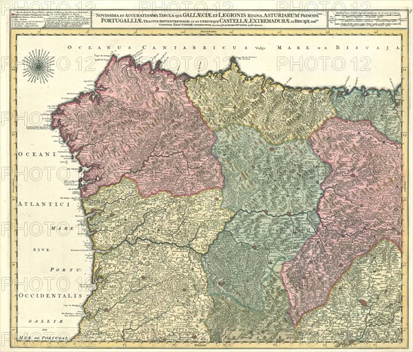 Map, Novissima et accuratissima tabula quâ Gallaeciae et Legionis Regna, Asturiarum principatus, Portugalliae tractus Septentrionalis, ut et utiusque Castellae, Extremadurae et Biscajae partes confines exactissimè ostenduntur, Reinier Ottens (1698-1750), Copperplate print