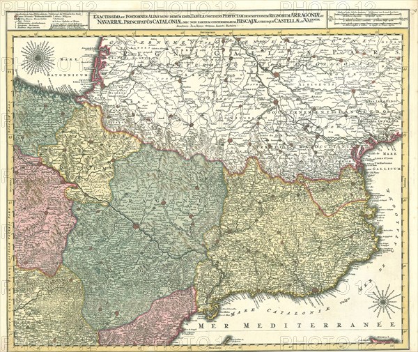 Map, Exactissima et postomnes alias nunc demùm edita tabula continens perfectam descriptionem Regnorum Arragoniae et Navarrae, principatûs Cataloniae, nec non partium conterminarum Biscajae utriusque Castellae ac Valentiae, Reinier Ottens (1698-1750), Copperplate print