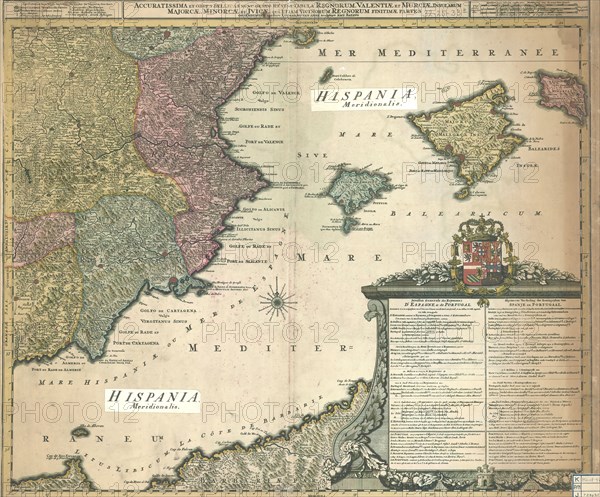 Map, Accuratissima et obres bellicas denuo revisa tabula regnorum, Valentiae et Murciae, insularum Majorcae, Minorcae et Jvicae, quâ etiam vicinorum regnorum finitimae partes ostenduntur, Luggert van Anse, Copperplate print