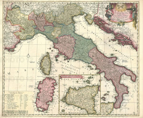 Map, Italia in suos quoscunq. status divisa, iiq. iterum in particulares ditiones distributi: huic accedunt insulae Sicilia, Sardinia, Corsica &c., quae suos ad principes nominatim referuntur, Carel Allard (1648-1709), Copperplate print