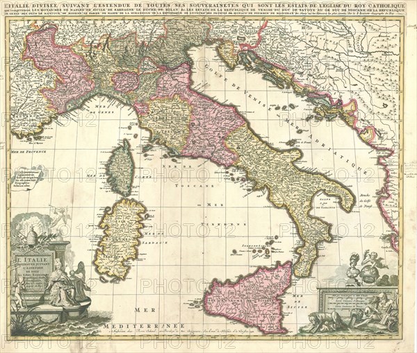 Map, L'Italie distinguée juivantl'estendiie de tous les estats royaumes republiques duchés principautés, Guillaume Sanson (-1703), Copperplate print