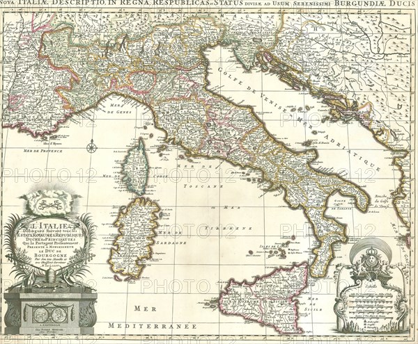 Map, L'Italie distingueé suivant tous les estats, royaumes, republiques duchés et principautés qui la partagent présentement, Hubert Jaillot (1632-1712), Copperplate print