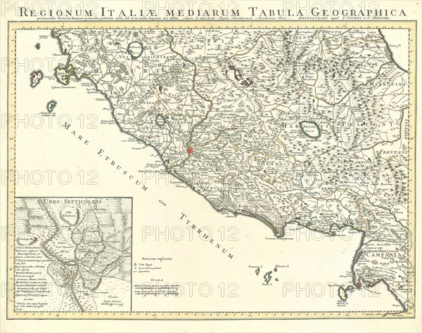 Map, Regionum Italiae mediarum tabula geographica pernoscendis historiae Romanae primordiis praesertim utilis, sed ut cui multa sequioris aevi addita, Guillaume Delisle (1675-1726), Copperplate print