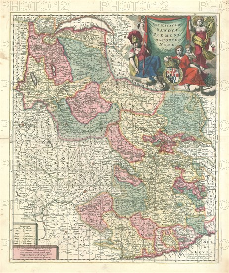 Map, Les Estats de Savoye, Piemont, et le Comté de Nice, Nicolas Sanson (1600-1667), Copperplate print