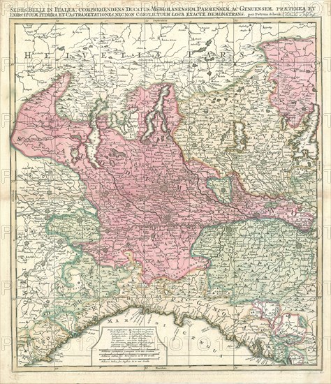 Map, Sedes belli in Italia, comprehendens ducatus Mediolanensem, Parmensem, ac Genuensem; praeterea et exercituum itinera et castrametationes, nec non conflictuum loca exactè demonstrans, Petrus Schenk (1693-1775), Copperplate print