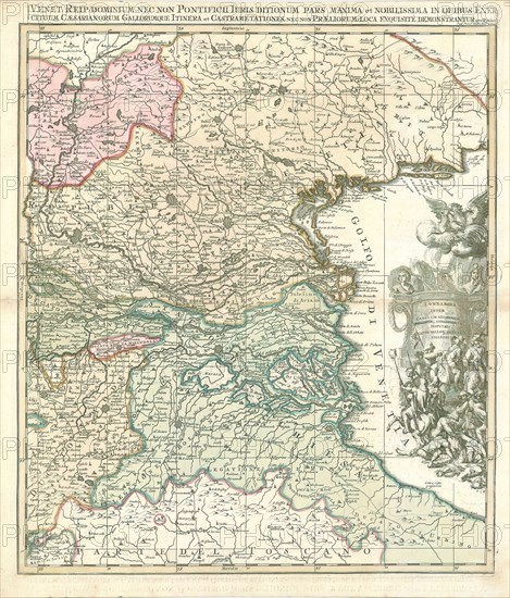 Map, Venet. Reip. dominium, nec non pontificii iuris ditionum pars maxima et nobilissima in quibus exercituum caesarianorum Gallorumque itinera et castrametationes, nec non praeliorum loca exquisitè demonstrantur, Petrus Schenk (1693-1775), Copperplate print