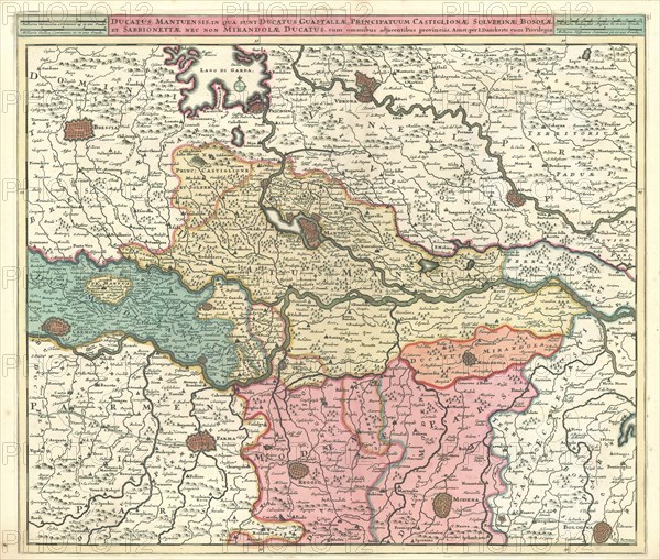 Map, Ducatus Mantuensis, in qua sunt ducatus Guastallae, principatuum Castiglionae, Solverinae, Bosolae et Sabbionettae nec non Mirandolae ducatus cum omnibus adjacentibus provinciis, Justus Danckerts (1635-1701), Copperplate print