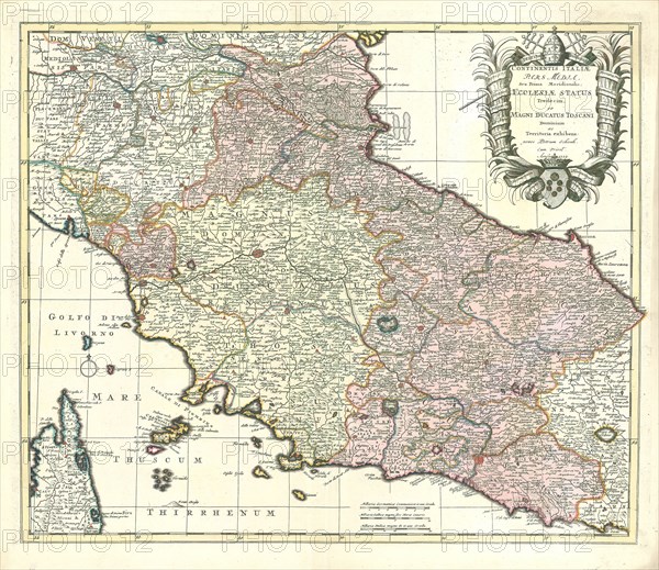Map, Continentis Italiae pars media, seu Prima Meridionalis; Ecclesiae Status tredecim et magni ducatus Toscani dominium ac territoria exhibens:, Petrus Schenk (1693-1775), Copperplate print