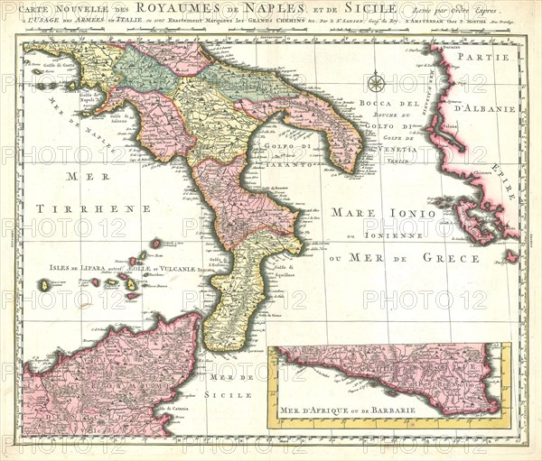 Map, Carte nouvelle des royaumes de Naples, et de Sicile, Nicolas Sanson (1600-1667), Copperplate print